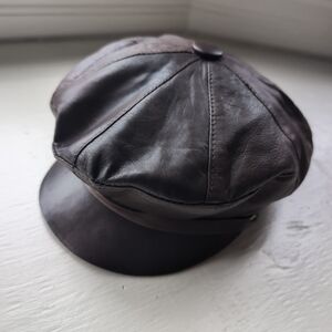 Brown real leather newsboy cap with silver tone rivets